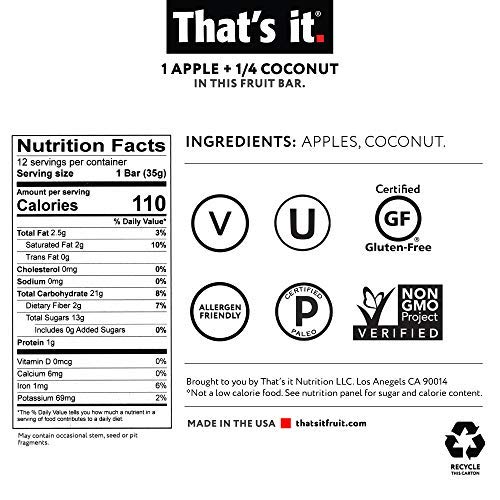 Thats It Apple + Coconut 100% Natural Real Fruit Bar, Best High