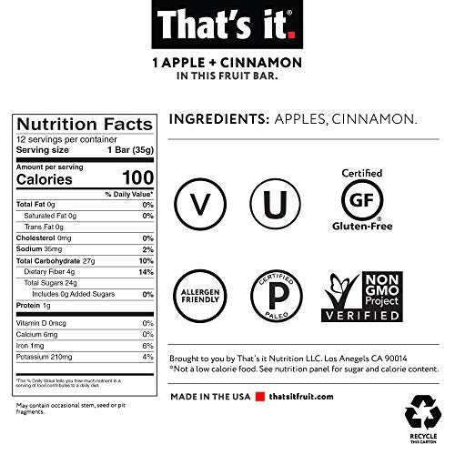 Thats It Apple + Cinnamon 100% Natural Real Fruit Bar, Best Hig