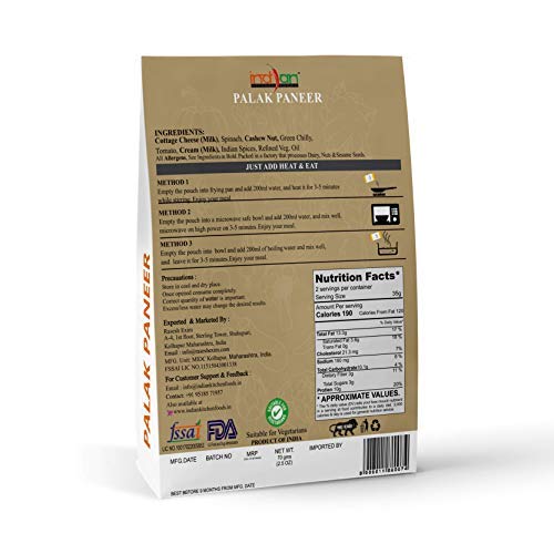 The Indian Kitchen Foods Co. Spinach With Cottage Cheese And Sau