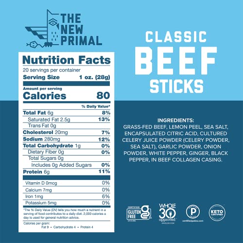 The New Primal Grass-Fed Beef Sticks, No Sugar, Keto, Whole30, P...