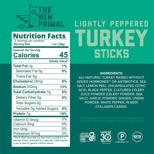 The New Primal Lightly Peppered Turkey Stick, Natural, Zero Suga...