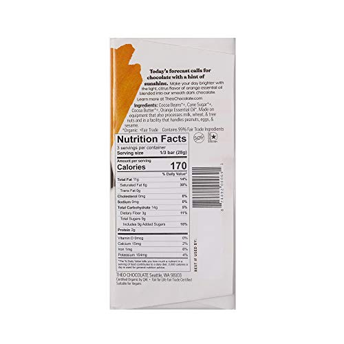 Theo Chocolate Orange Organic Dark Chocolate Bar, 70% Cacao, 12