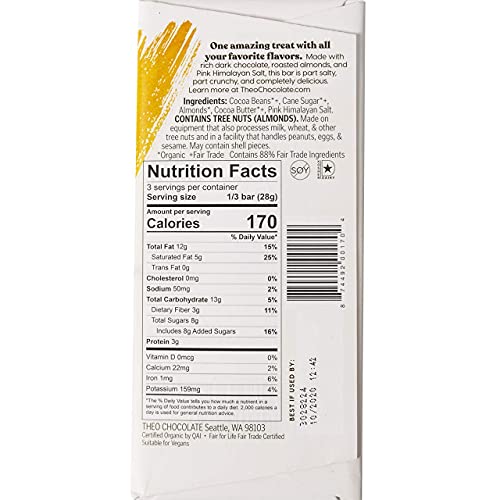 Theo Chocolate Salted Almond Organic Dark Chocolate Bar, 70% Cac