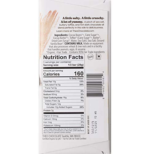Theo Chocolate Salted Toffee Organic Dark Chocolate Bar, 55% Cac...