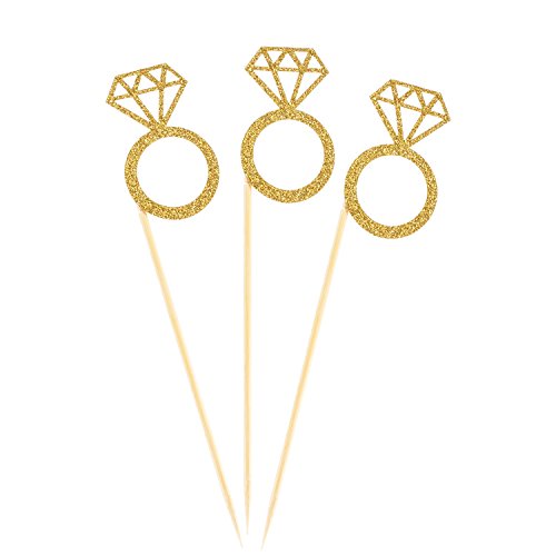 50 Pack Cupcake Toppers Gold Glitter Mini Diamond Ring Cakes Top