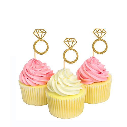 50 Pack Cupcake Toppers Gold Glitter Mini Diamond Ring Cakes Top