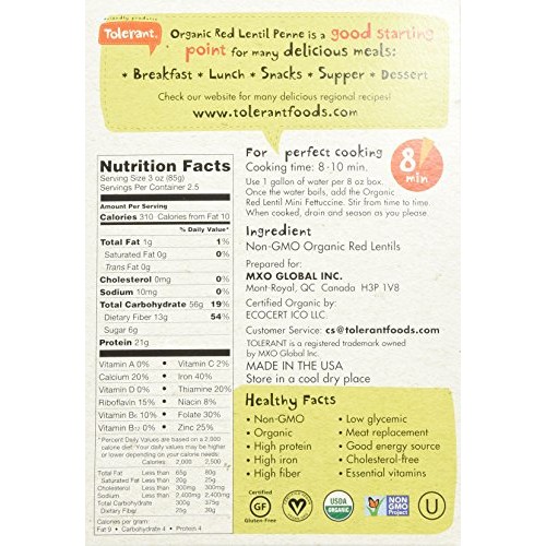 Tolerant - Organic Red Lentil Pasta, Simply Legumes, Penne - 8 O
