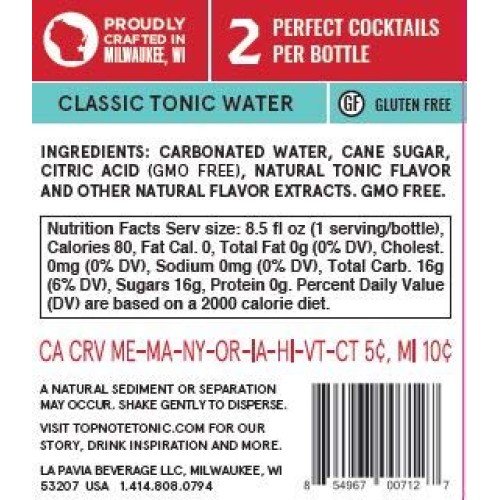 Top Note Tonic Sparkling Classic Tonic Water - 16 Pack 4 X 8.5O