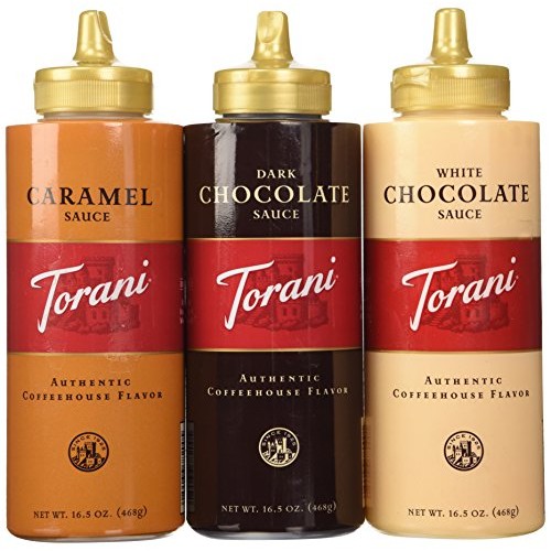 Torani Sauce 3 Pack Chocolate, Caramel, White Chocolate 16.5 Oz