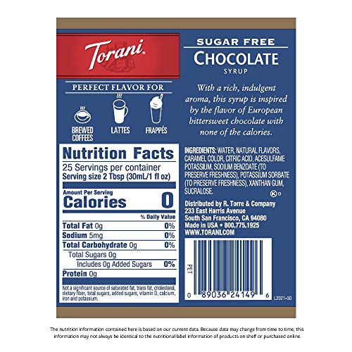 Torani Sugar Free Syrup, Chocolate, 25.4 Ounces Pack Of 4