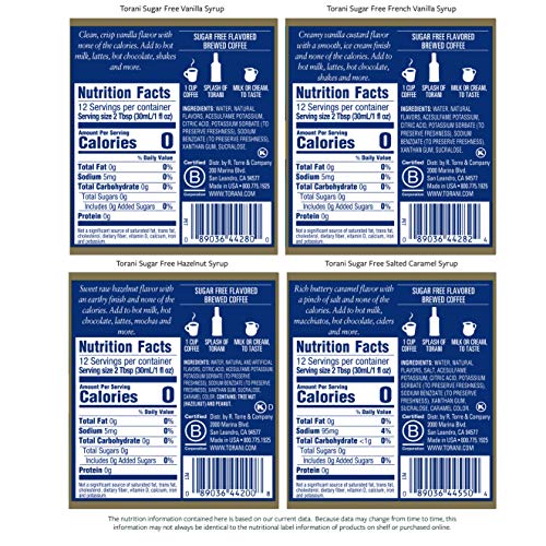 Torani Sugar Free Syrup, Coffeehouse Variety Pack, 4 12.7 Ounce
