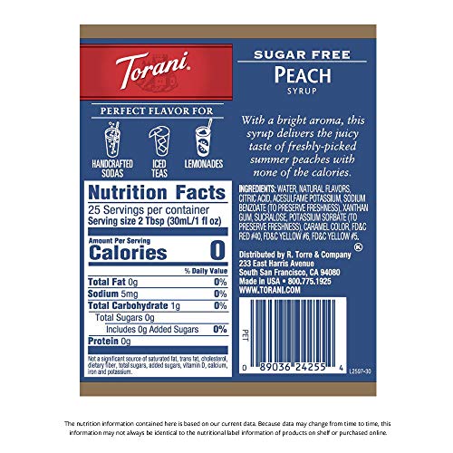 Torani Sugar Free Syrup, Peach, 25.4 Ounces Pack Of 4