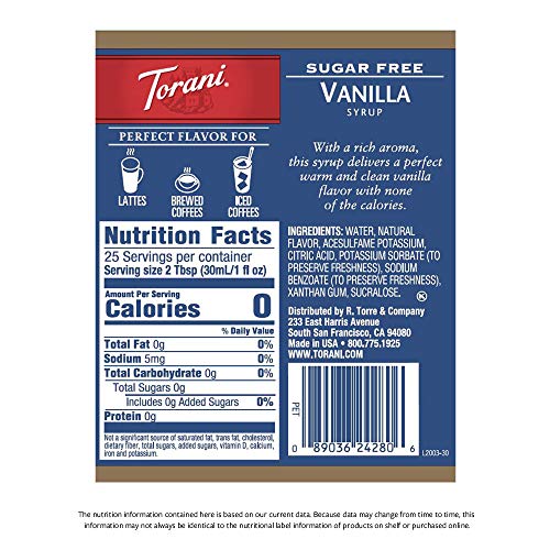 Torani Sugar Free Syrup, Vanilla, 25.4 Ounces Pack Of 4