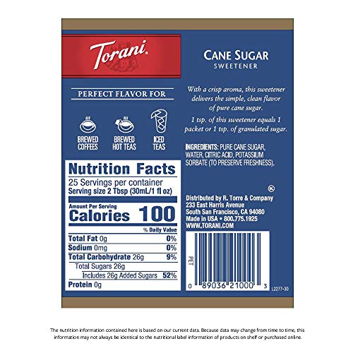 Torani Syrup, Cane Sugar Sweetener, 25.4 Ounces Pack Of 4