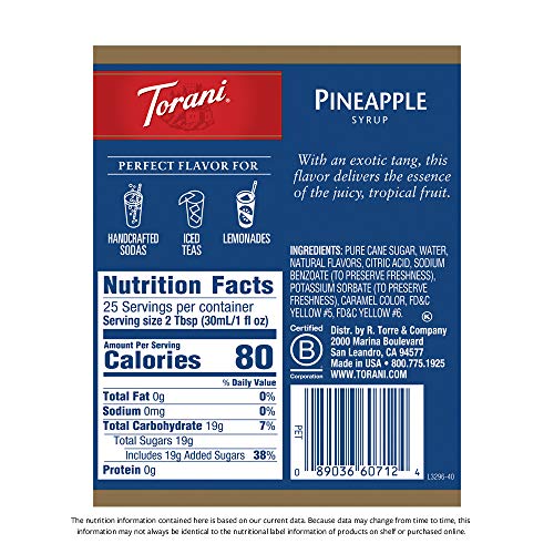 Torani Syrup, Pineapple, 25.4 Ounces Pack Of 4 Torani Syrup, Pineapple, 25.4 Ounces Pack Of 4
