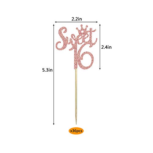 36 Pcs Rose Gold Glitter Sweet 16 Cupcake Toppers 16Th Birthday