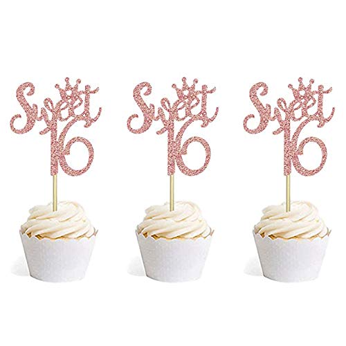 36 Pcs Rose Gold Glitter Sweet 16 Cupcake Toppers 16Th Birthday