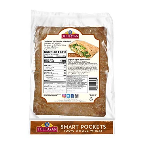 Toufayan Bakery, Whole Wheat Smart Pockets Pita Bread, Low Calor Toufayan Bakery, Whole Wheat Smart Pockets Pita Bread, Low Calor