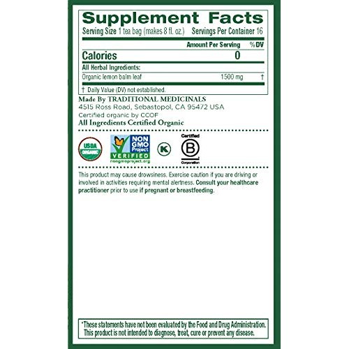 Traditional Medicinals Organic Lemon Balm Herbal Tea, 16 Tea Bag