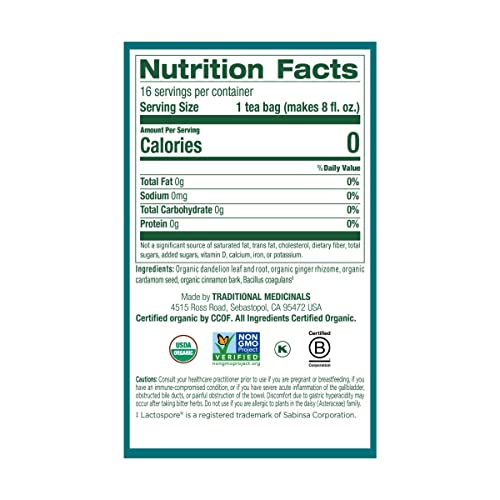 Traditional Medicinals, Tea Herbal Dandelion Chai Probiotic Orga...