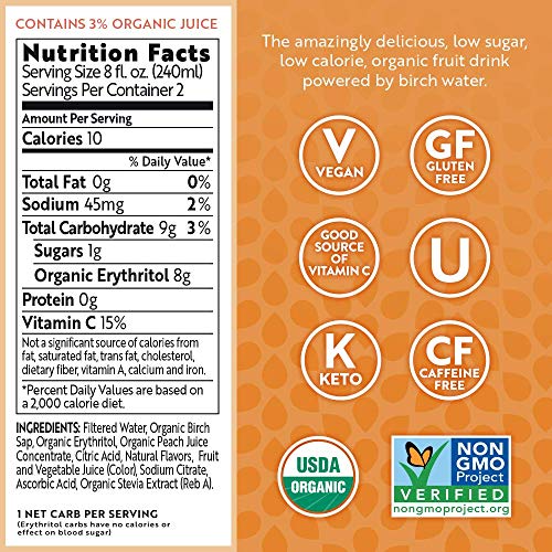 Treo Fruit &Amp; Birch Water Drink, Peach Mango, Usda Organic, Non-G