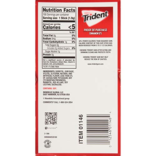 Trident Cinnamon Sugar Free Gum, 12 Packs Of 14 Pieces 168 Tota