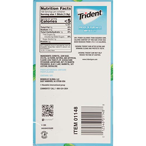 Trident Mint Bliss Sugar Free Gum, 12 Packs Of 14 Pieces 168 Pi