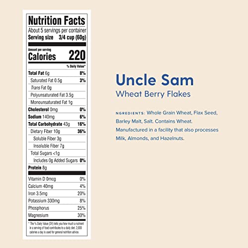 Uncle Sam Original Wheat Berry Flakes Cereal, High Fiber, Whole