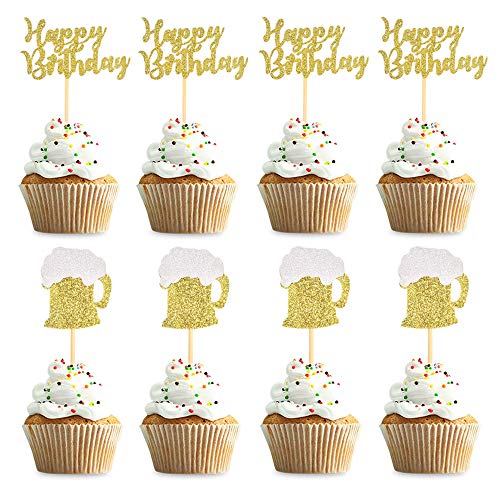 Unimall Pack Of 24 Gold Glitter Happy Birthday Cupcake Topper Be