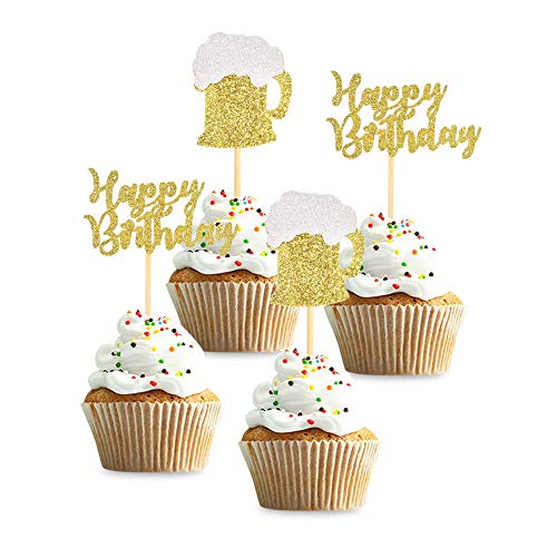Unimall Pack Of 24 Gold Glitter Happy Birthday Cupcake Topper Be