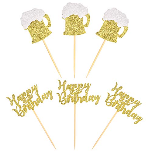 Unimall Pack Of 24 Gold Glitter Happy Birthday Cupcake Topper Be