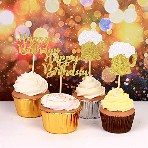 Unimall Pack Of 24 Gold Glitter Happy Birthday Cupcake Topper Be
