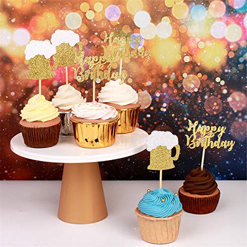 Unimall Pack Of 24 Gold Glitter Happy Birthday Cupcake Topper Be