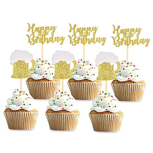 Unimall Pack Of 24 Gold Glitter Happy Birthday Cupcake Topper Be