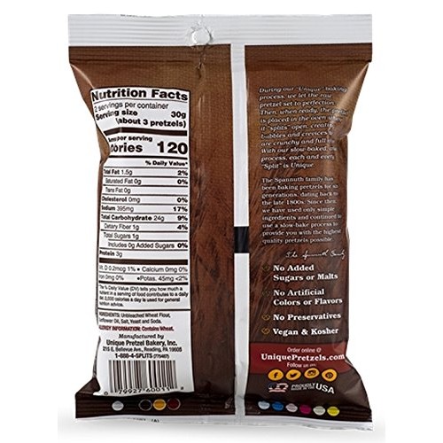 Unique Pretzels Splits Pretzels, Homestyle Baked, 2.12 Ounce Pa