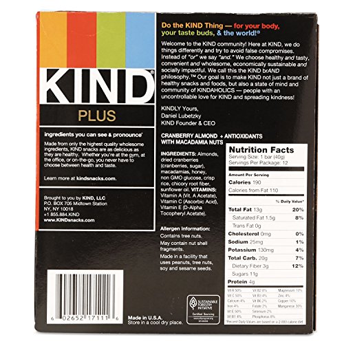 Plus Nutrition Boost Bar, Cranberry/Almond, 1.4 Oz, 12/Box By: Kind