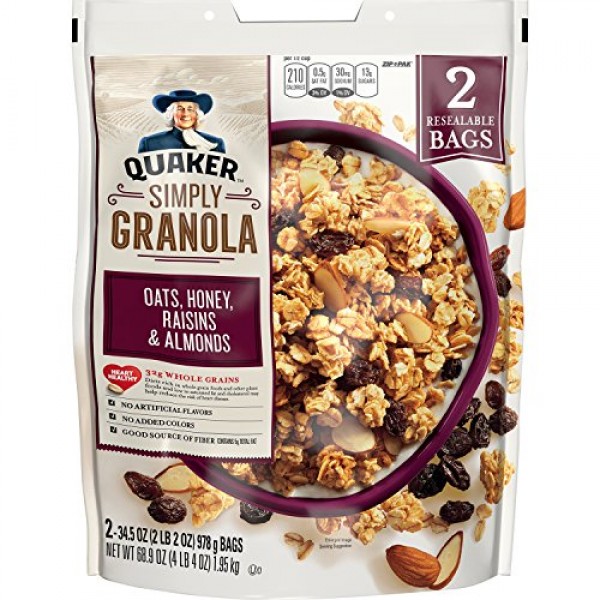 Quaker Natural Granola Oats, Honey, Raisins and Almonds - Two 34...