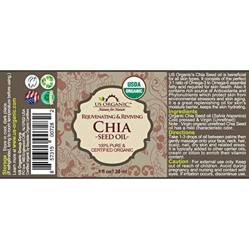 Us Organic Chia Seed Oil, Certified Organic, Pure &Amp; Natural, Col