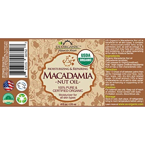 Us Organic Macadamia Nut Oil Unrefined Virgin, Usda Certified Or