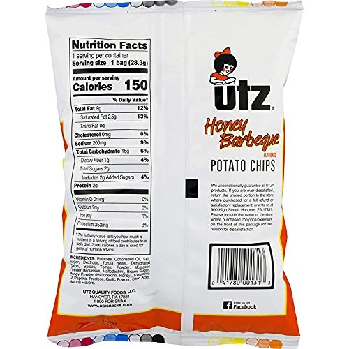 Utz Honey Barbeque Crispy Potato Chips Made From Fresh Potatoes,