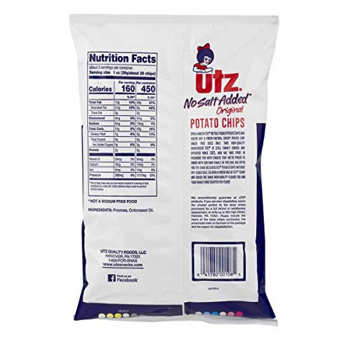 Utz Potato Chips, No Salt Added, 2.875 Oz Bags Pack Of 4