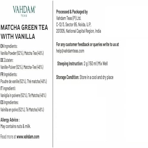 VAHDAM, Vanilla Matcha Green Tea Powder - 1.76oz 25 Cups | Jap...