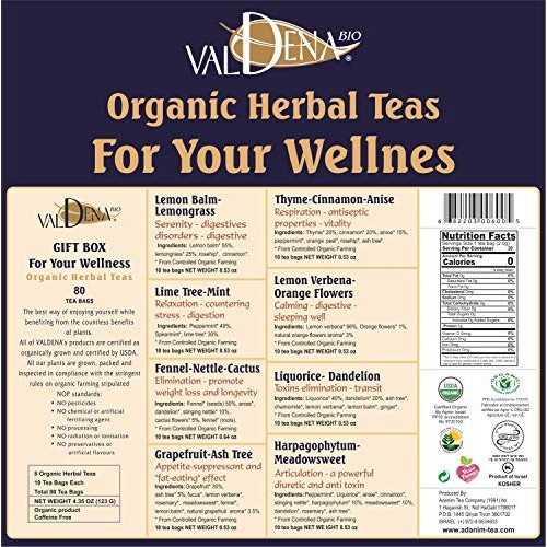Valdena Bio Organic Tea Line Sampler, Gift Box 64 Tea Bags, 8 Be