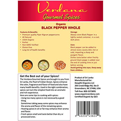 Verdana Organic Black Pepper Whole, 1 Lb 16 Oz, Usda, Kosher,