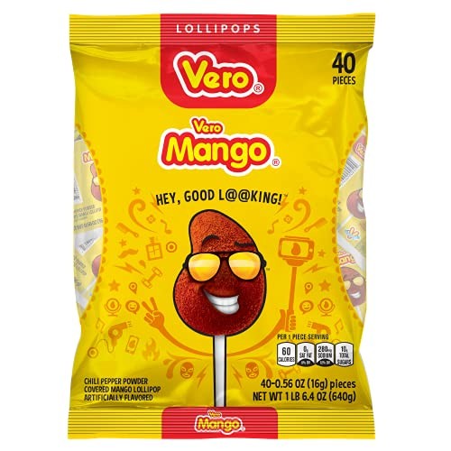 Vero Mango, Chili Covered Mango Flavored Lollipops, 40 Pieces