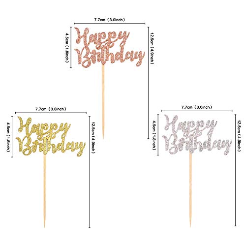 Veylin 60Pcs Glitter Happy Birthday Cake Toppers, Three Colors C