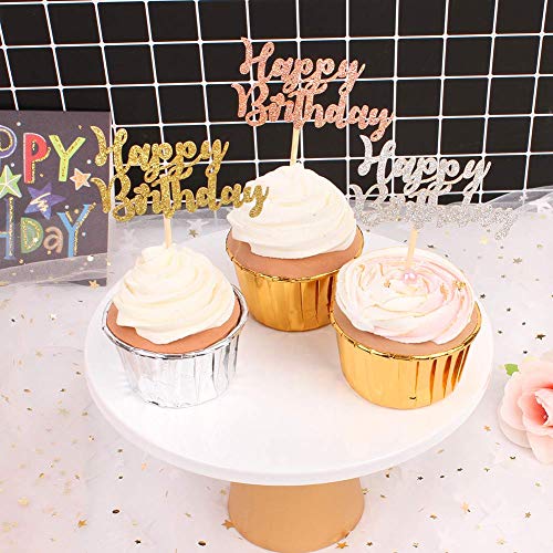 Veylin 60Pcs Glitter Happy Birthday Cake Toppers, Three Colors C