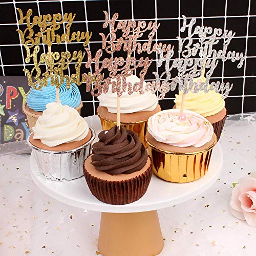 Veylin 60Pcs Glitter Happy Birthday Cake Toppers, Three Colors C