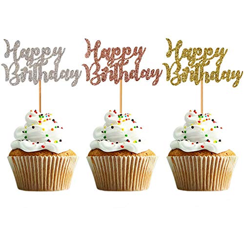 Veylin 60Pcs Glitter Happy Birthday Cake Toppers, Three Colors C