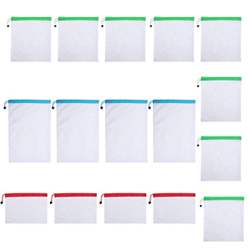 Vibola Reusable Mesh Produce Bags, Set Of 16| Lightweight Drawst